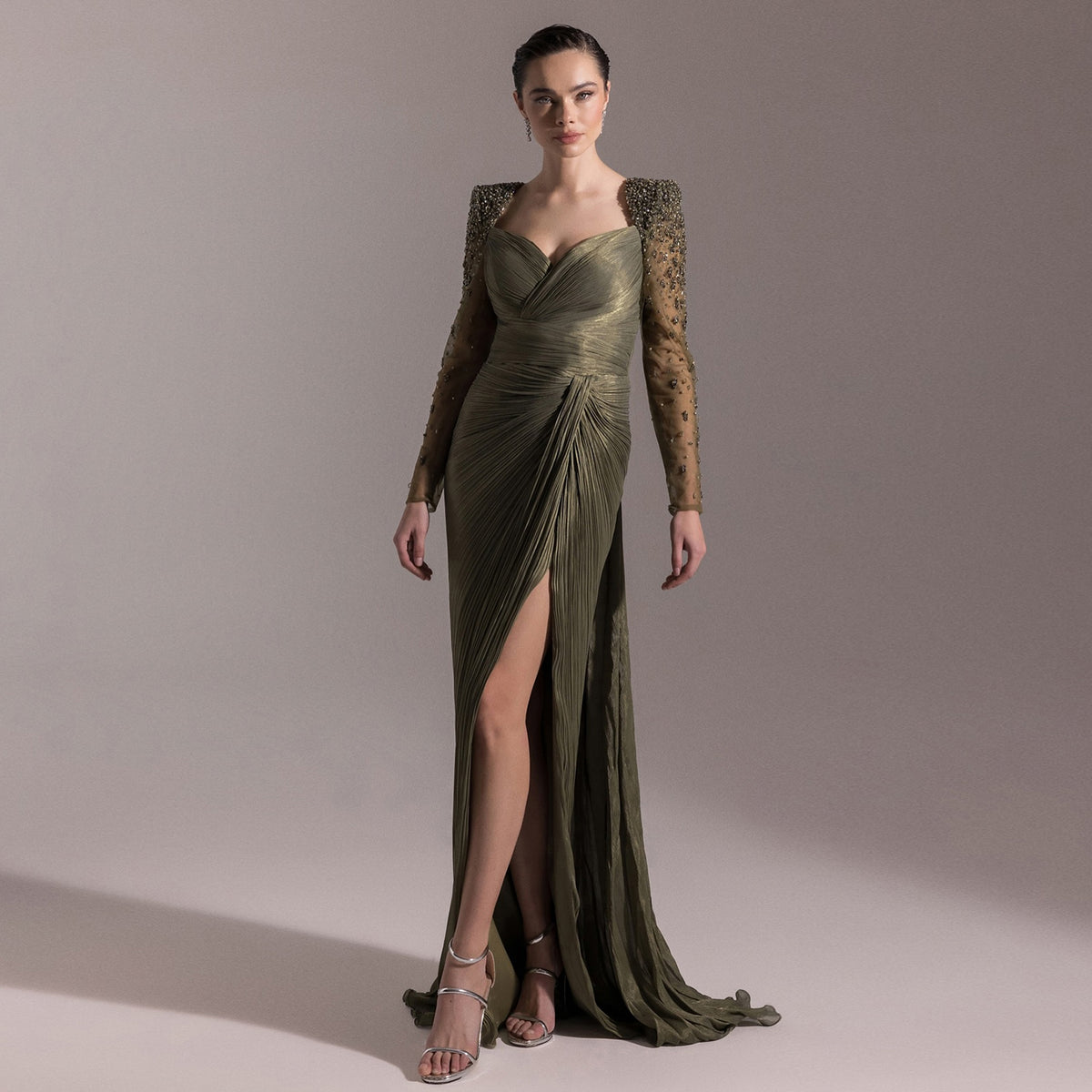 Luxury Crystal Long Sleeves Evening Dress with Overskirt and Slit SF409