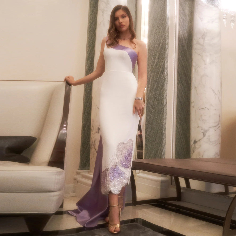 Elegant Beaded White Lilac Butterfly One Shoulder Evening Dress SS475