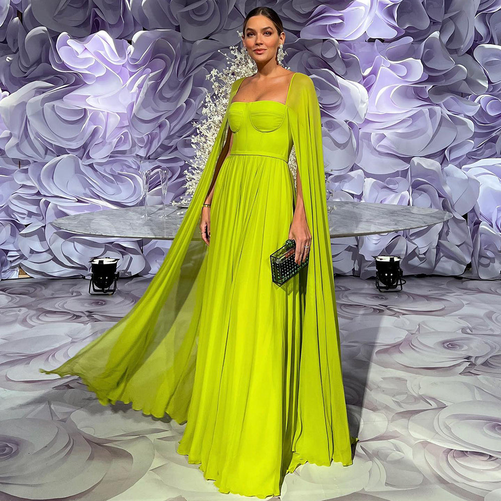 Luxury A-Line Chiffon Evening Dress with Cape Sleeves SF076