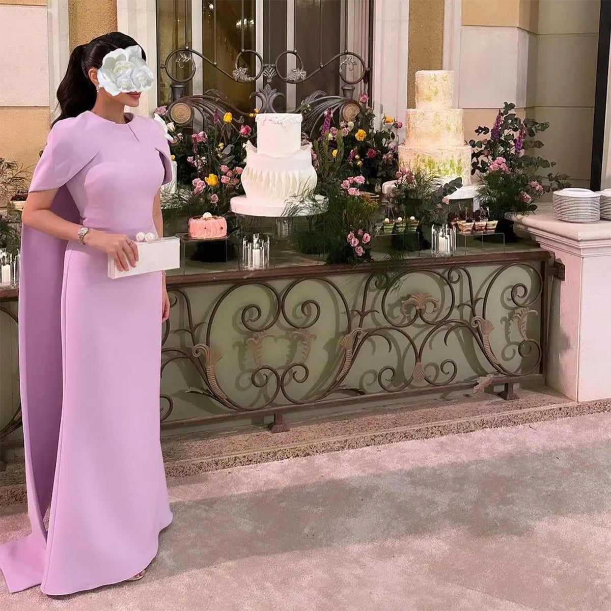 Elegant Pink O-Neck Mermaid Evening Dress with Cape Sleeves SF033