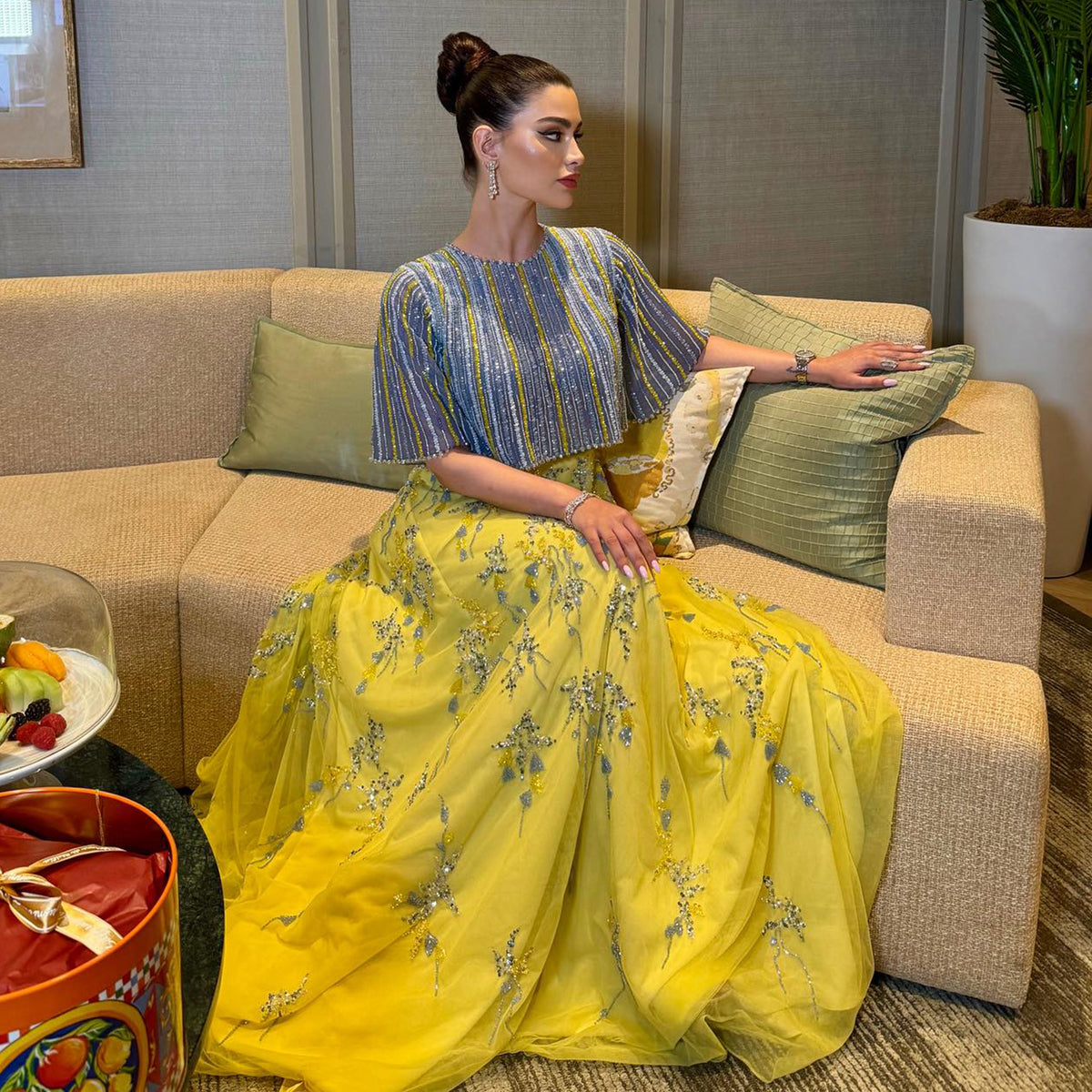 Luxury Blue Yellow 2 Pieces A-Line Half Sleeves Evening Dress SS490