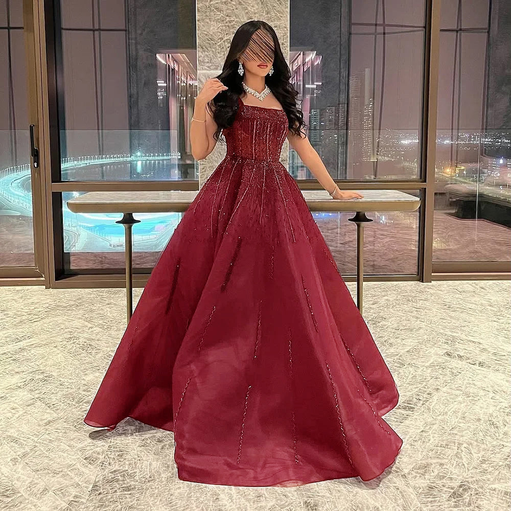 Elegant Wine Red Sequin Beaded Strapless Ball Gown Evening Dress XD074