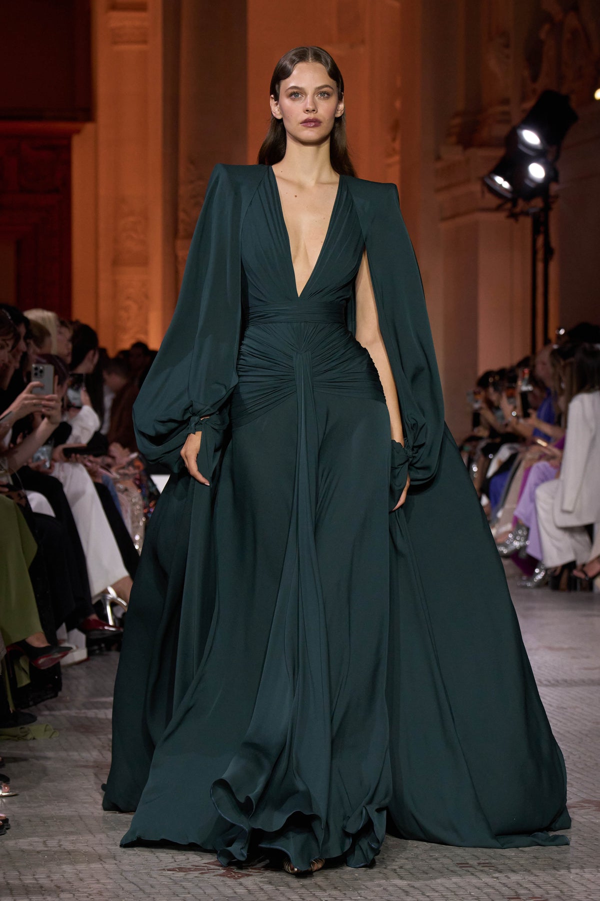 Glamorous Teal V-Neck Puff-Sleeve Evening Dress SF146