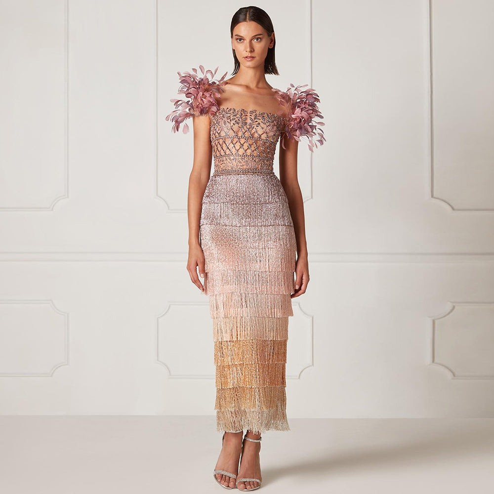 Dreamy Vow Luxury Feathers Tassel Lilac Dubai Evening Dresses for Women Wedding Party Arab Ankle Length Midi Formal Gowns 379