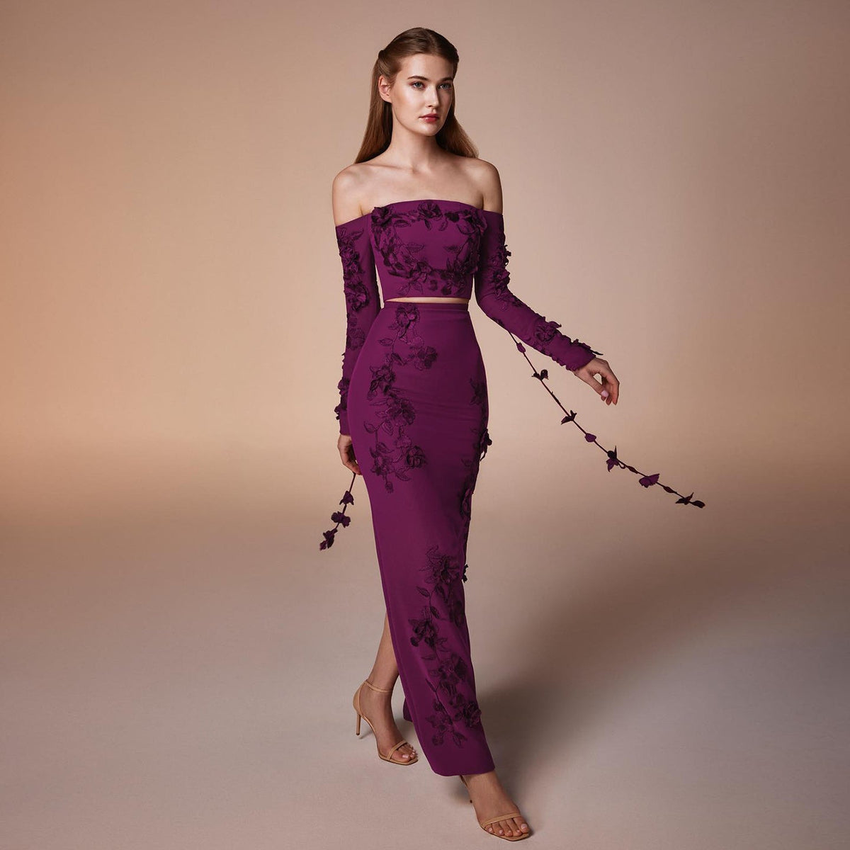 Elegant 3D Flowers Fuchsia Long Sleeves 2 Pieces Evening Dress SF264