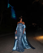 Luxury Turquoise Blue Sequined Evening Dress with Cape SF165
