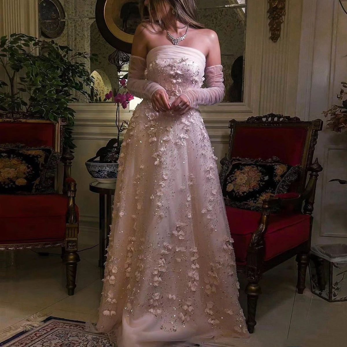 Elegant Pink 3D Flowers Evening Dress with Long Sleeves SS344