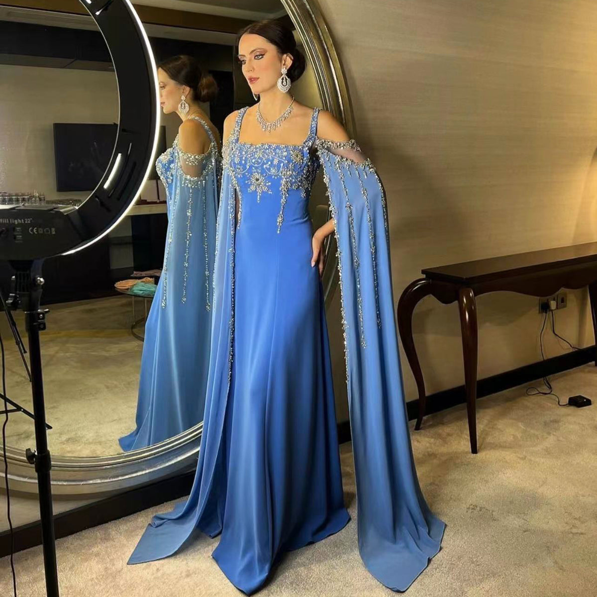 Luxury Crystal Royal Blue Evening Dress with Cape Sleeve SS305
