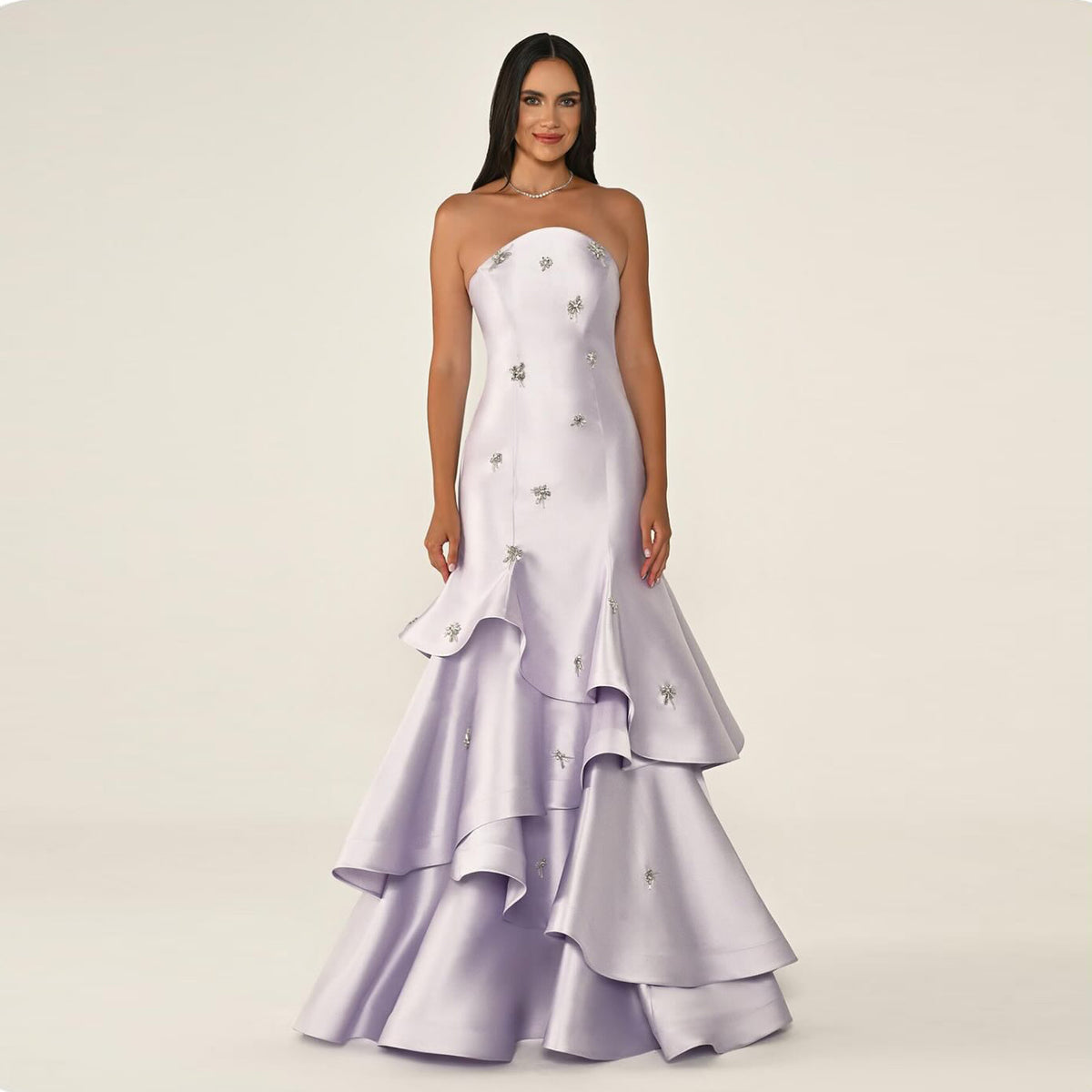 Glamorous Strapless Lilac Tiered Ruffled Mermaid Evening Dress SF587