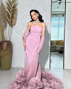 Luxury Strapless Pink Evening Dress with 3D Floral Overskirt SF485