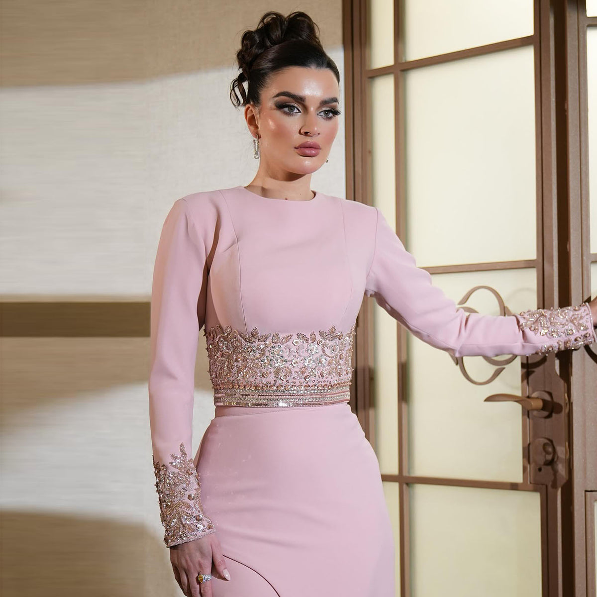 Elegant Pink Beaded Waist Long Sleeve Fitted Evening Dress SS525
