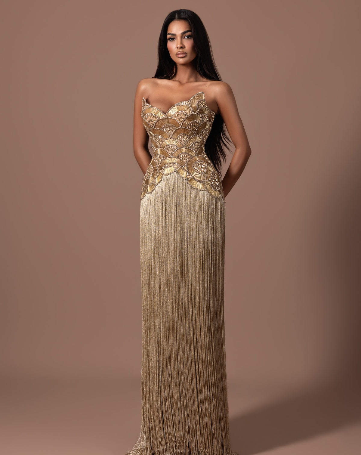Luxury Gold Strapless Beaded Scalloped Fringe Evening Dress SS336