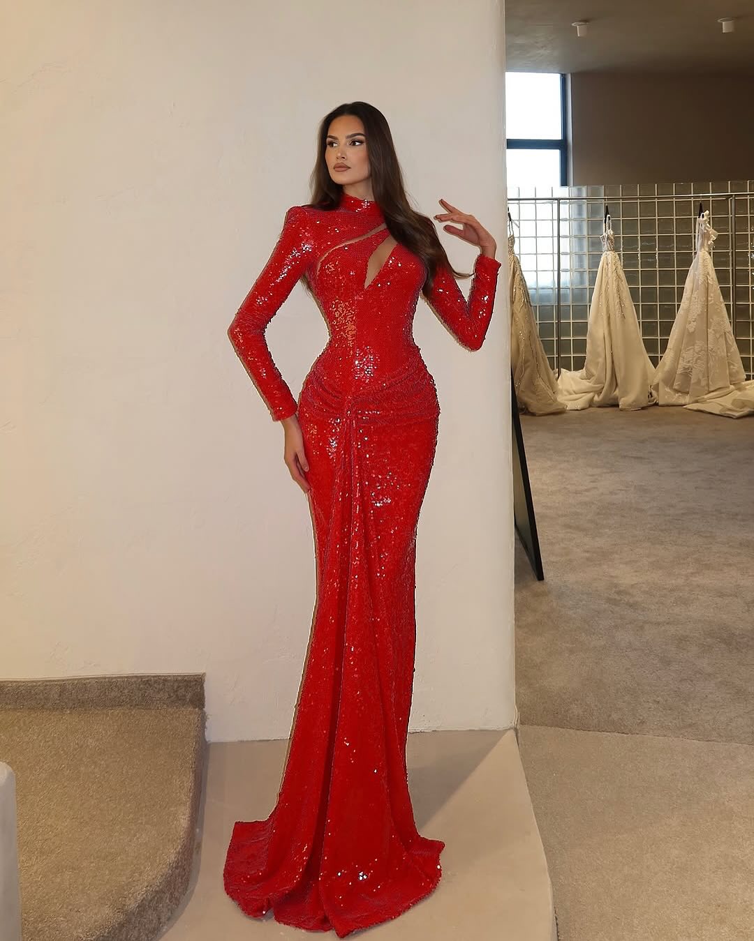 Sexy Red Long Sleeves Sequin Mermaid Evening Dress SF352