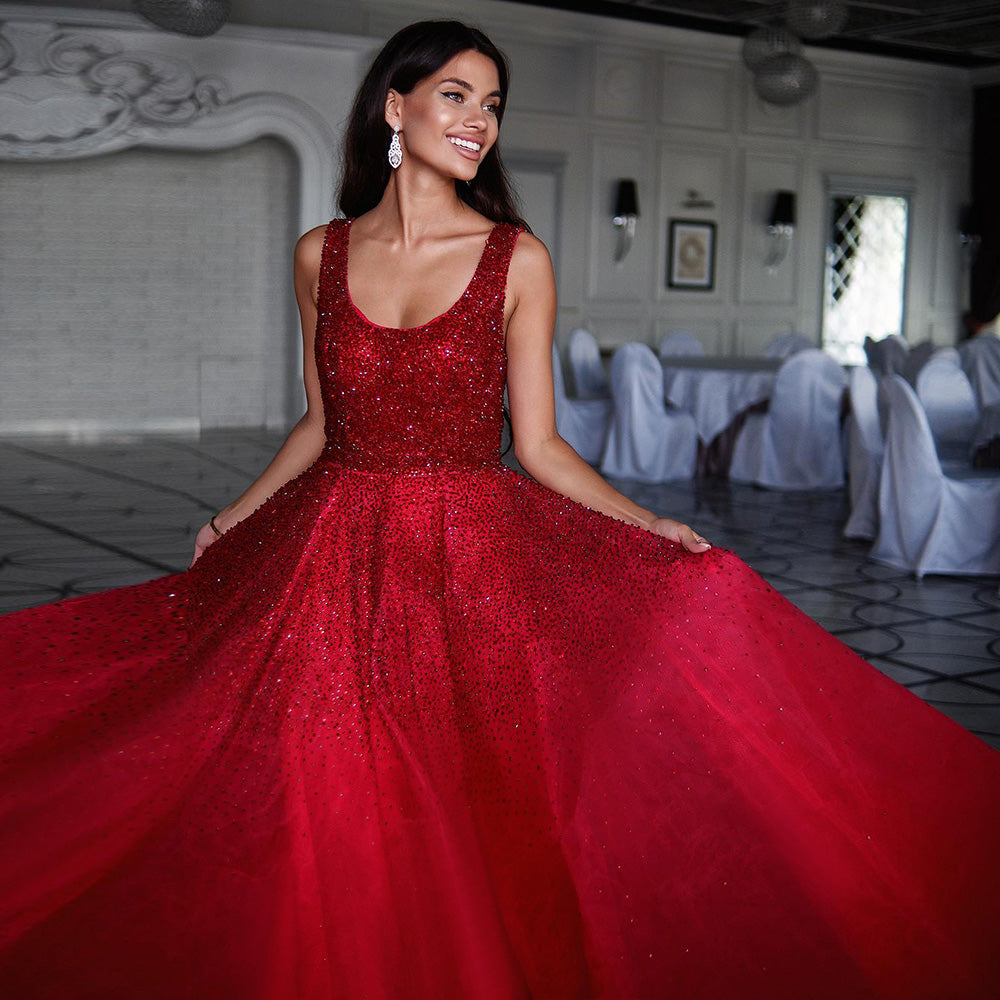 Sparkly Crystal A-Line Scoop Neck Evening Dresses SS208