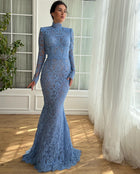 Luxury Blue High Neck Mermaid Evening Dress SF217