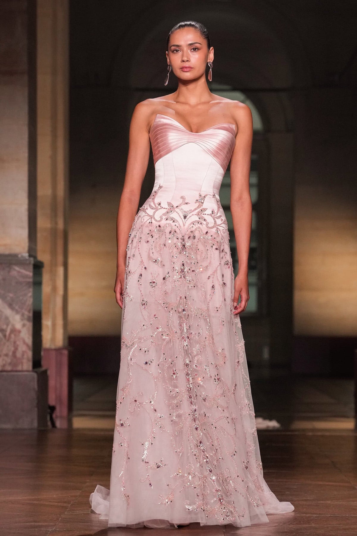 Elegant Pink Beaded Embroidered Strapless Evening Dress SS529